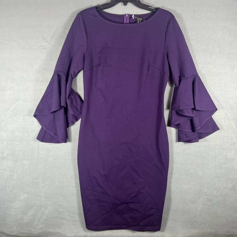 Vfshow Vfemage Women's Purple Bodycon Dress Size L Ruffle Bell Sleeves Stretch
